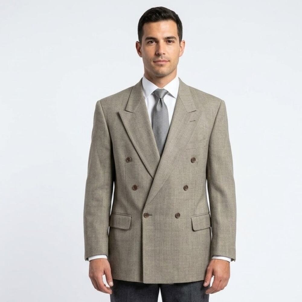 VTG Hugo Boss Loro Piana Blazer Men's 42R Taupe Wool Double Breasted Notch Lapel